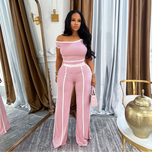 Two piece set of slanted shoulder wide leg pants