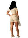 Square collar short sleeved shirt with drawstring pocket shorts two-piece set