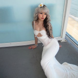 Mesh splicing waist cinching flower suspender dress