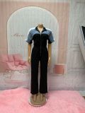Cowboy patchwork stand up collar zipper jumpsuit