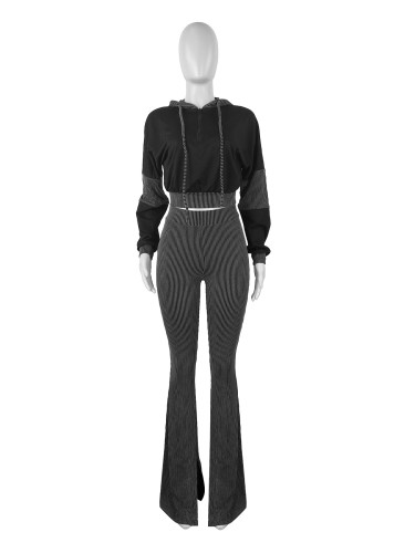 Twisted sweatshirt patchwork hooded flared pants two-piece set
