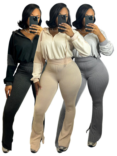 Twisted sweatshirt patchwork hooded flared pants two-piece set