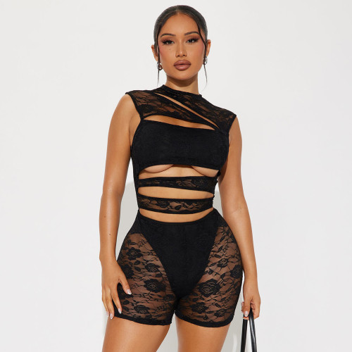 Lace patchwork hollow out sleeveless tight jumpsuit shorts