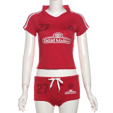Open navel short sleeved high waisted hip lifting shorts set