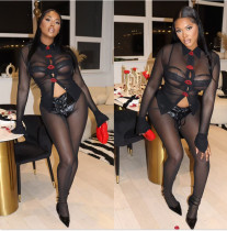 Long sleeved brick lip buttoned mesh shirt+leather mesh pants two-piece set