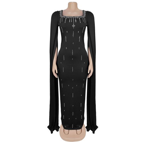 Rear slit cape sleeve rhinestone dress