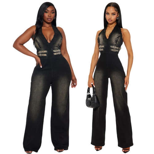 Elastic wash denim jumpsuit with neck hanging and loose fit