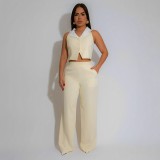 Splicing contrasting color top loose straight leg pants set