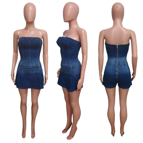 High stretch washed denim strapless one shoulder jumpsuit skirt