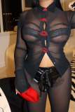 Long sleeved brick lip buttoned mesh shirt+leather mesh pants two-piece set