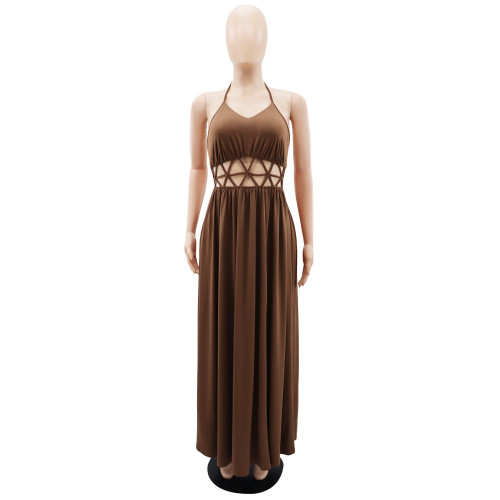 High waisted hollow out backless lace up slit dress