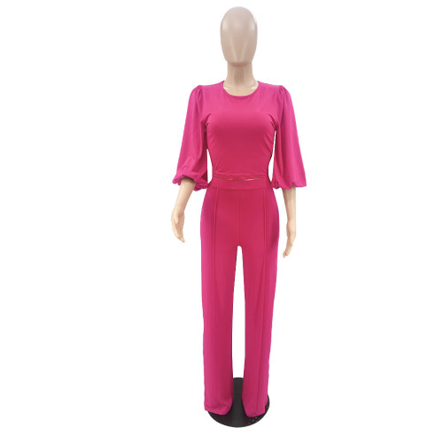 Lantern sleeve crop top, high waisted straight leg pants two-piece set