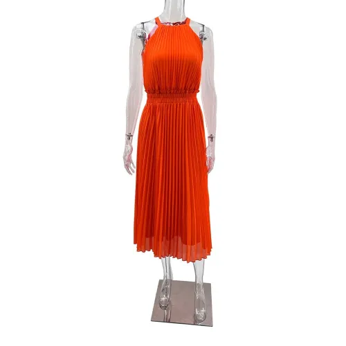 Sleeveless chiffon pleated waist dress