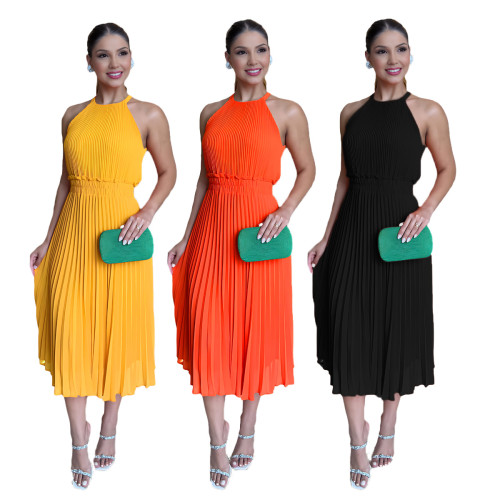 Sleeveless chiffon pleated waist dress