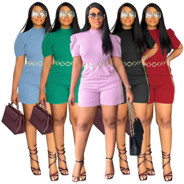 Round neck waist cinching jumpsuit