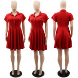 Polo collar cardigan high waisted A-line short sleeved dress