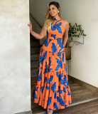 Printed neck hanging long skirt dress