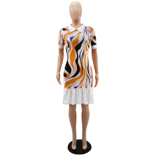 Printed waist cinched polo shirt short skirt dress