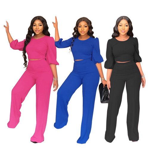 Lantern sleeve crop top, high waisted straight leg pants two-piece set