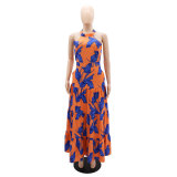 Printed neck hanging long skirt dress