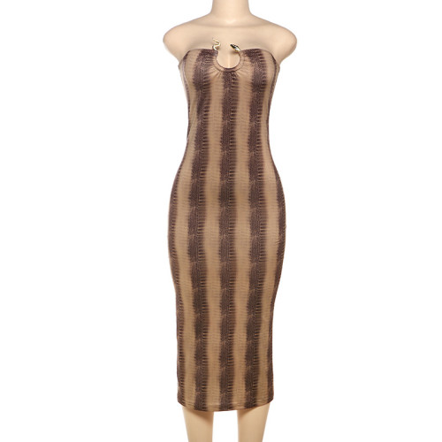 Sleeveless strapless tight printed hip hugging long skirt