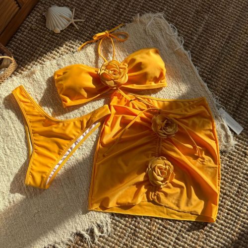 Rose suspender solid color three piece swimsuit bikini