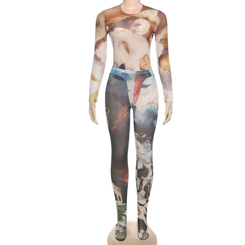 Round neck mesh abstract printed footstep pants two-piece set