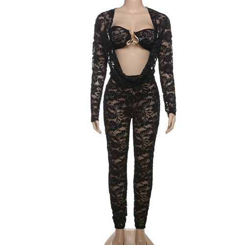 Long sleeved lace swing collar, exposed navel, hip hugging tight pants set