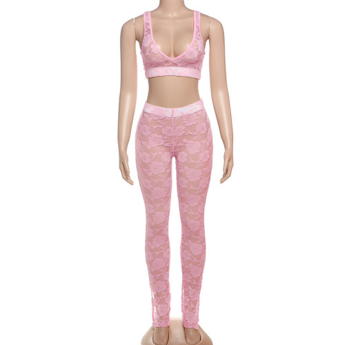 Breast wrapped patchwork lace camisole with exposed navel pants set