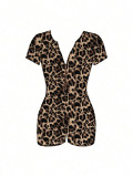 Leopard print short sleeved V-neck tight fitting hip lifting jumpsuit
