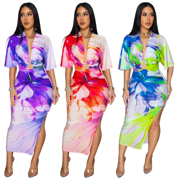Printed V-neck side slit skirt set