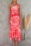 Slanted shoulder print with elastic lining dress