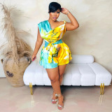 Women's backless diagonal collar printed jumpsuit
