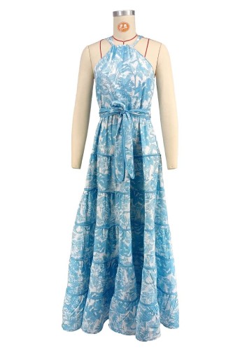 Hanging neck, no shoulder, tied waist, loose skirt, long skirt