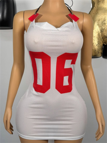 Mesh printed suspender leather strapless backless dress
