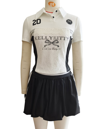 Lace lace letter print button up top waist length mini skirt set