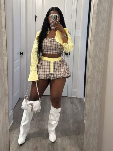 Checkered jacket, strapless and hip hugging skirt set