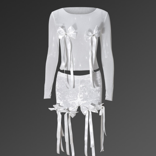 Bow Perspective Top Lace tassel Strap Shorts Set
