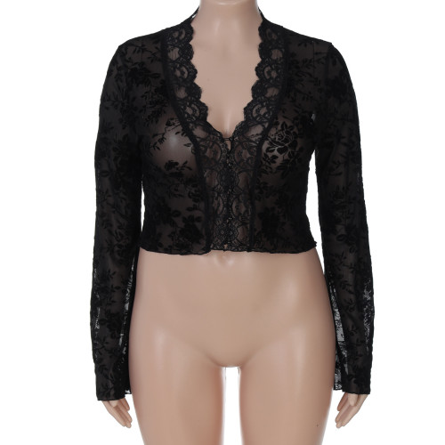 Lace cardigan button exposed navel long sleeved top