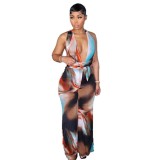 Oil painting style backless hanging neck deep V-jumpsuit A7518