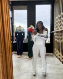 Striped zipper long sleeved jacket strapless sports three piece set CM9525