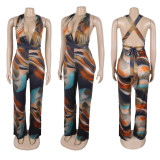 Oil painting style backless hanging neck deep V-jumpsuit A7518