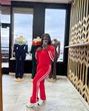 Striped zipper long sleeved jacket strapless sports three piece set CM9525