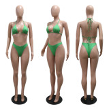 Hollow out short skirt paired with triangular pants and lace up underwear three piece set CY901684