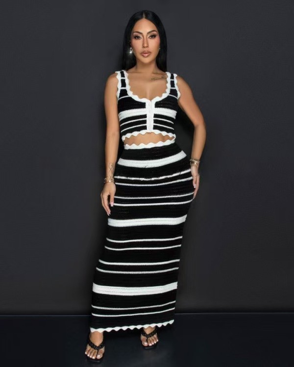 Striped knit vest top, high waist contrasting half skirt two-piece set MAR226