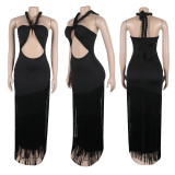 Hollow out sleeveless neck hanging tight fringe jumpsuit long skirt A7526