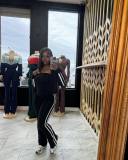 Striped zipper long sleeved jacket strapless sports three piece set CM9525