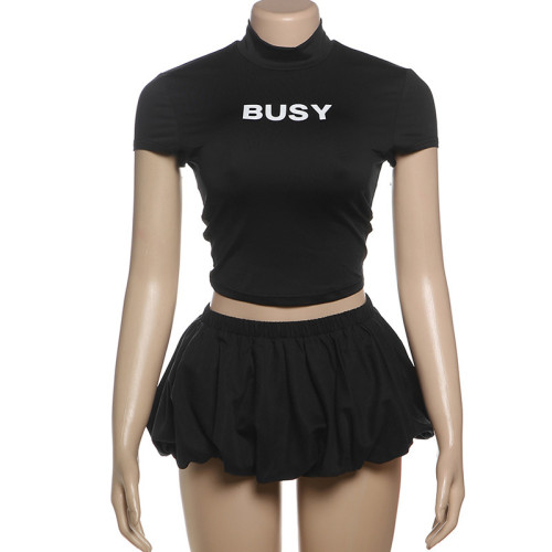 Half high collar crop top T-shirt skirt set