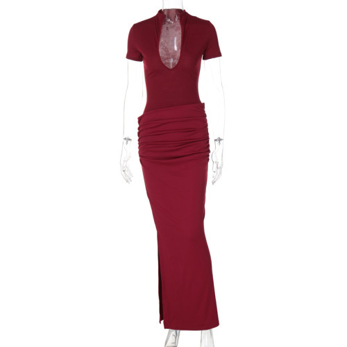 Deep V-short sleeved solid color pleated long dress
