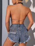 Rhinestone metal halter top, camisole, tie up chest top